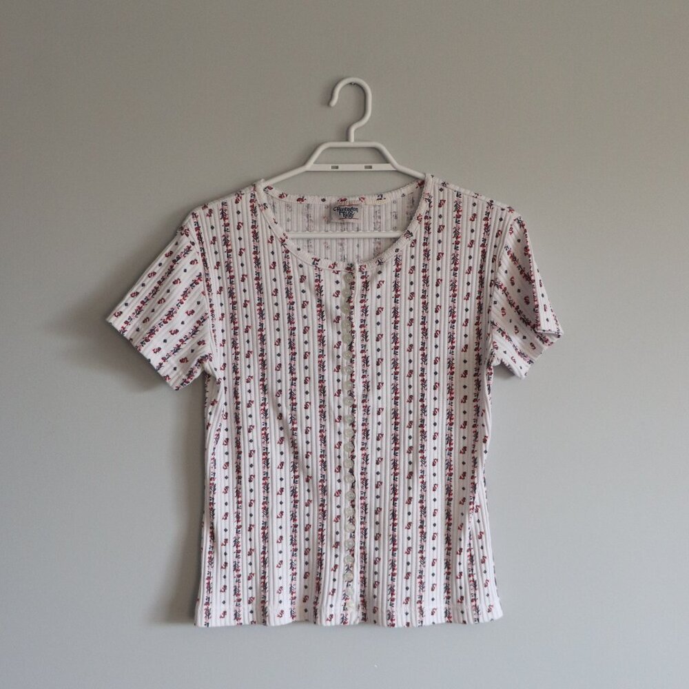 Huntington Ridge Women's Sz S/M Floral Button Down Crew Short Sleeve T-Shirt Top